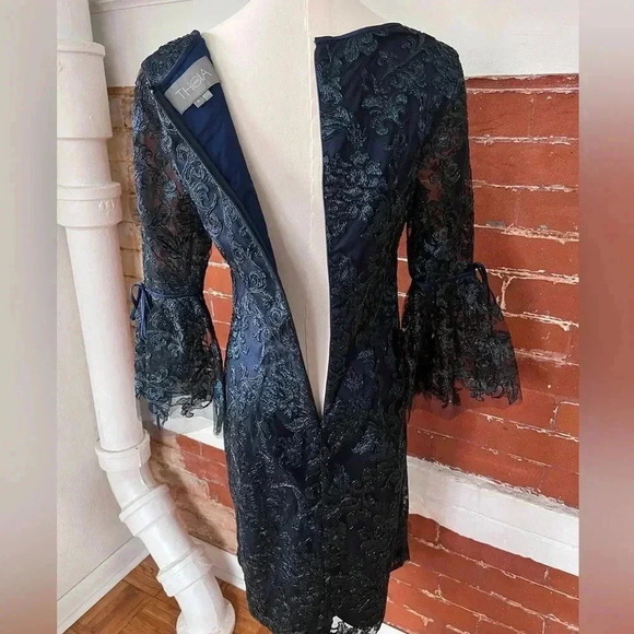 Theia Blue Party Dresss with Metallic Embroidered Black Net Overlay Bell Sleeve - Picture 7 of 13